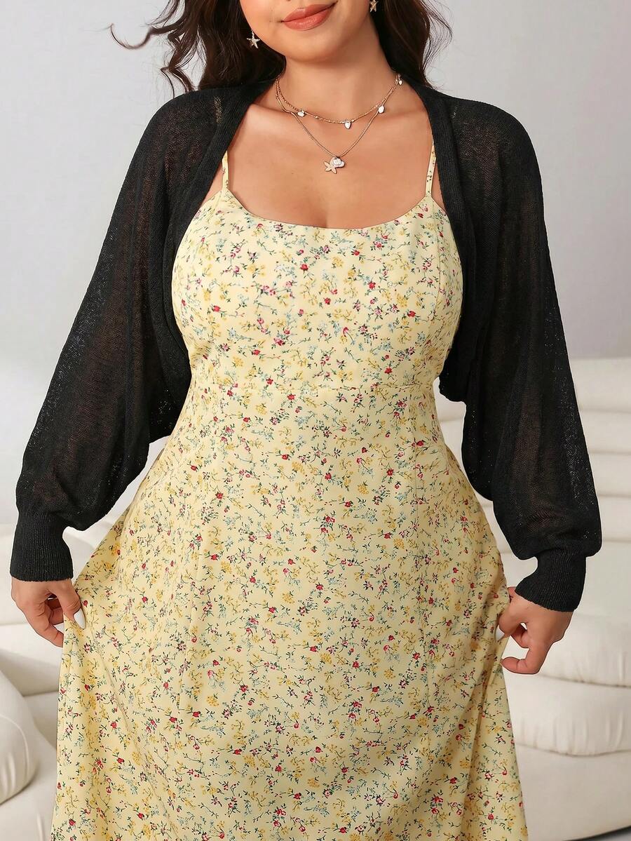 Solflare Cardigan de punto fino de manga larga en color liso versátil para tallas grandes - Negro - Ver 1