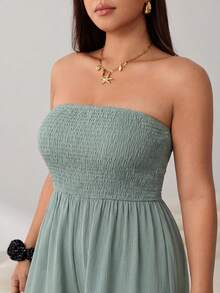 Solflare Olive Green Plus Size Women's Shirred Design Bandeau Long Jumpsuit - Olive Green - View 5