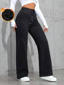SHEIN ICON 休閒水洗直筒牛仔褲 - 黑色 - 查看 3