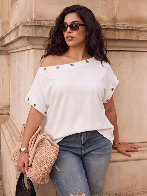 Juhart Plus Size Women's Knit Regular Summer Comfortable Casual Commute Fashion Asymmetric Shoulder Short Sleeve Loose White T-Shirt