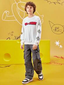 TOM & JERRY X SHEIN 1pc Tween Boy Cartoon Print Drop Shoulder Oversized Sweatshirt In White - White - View 9