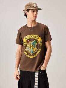 Strevion Harry Potter 男士简约哈利波特学院徽章印花圆领短袖T恤，夏季款 - 咖啡棕 - 查看 5
