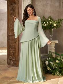 Aureia Plus Size Elegant Sage Green Chiffon Trumpet Sleeve 2 In 1 A-Line Maxi Dress Suitable For Wedding Party Ball Birthday Bridesmaid - Green - View 8