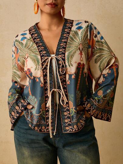 Travachic Plus Size Women's Palm Tree Print Front Tie Long Sleeve Shirt Vacation Light Blue Autumn Boho Tropical