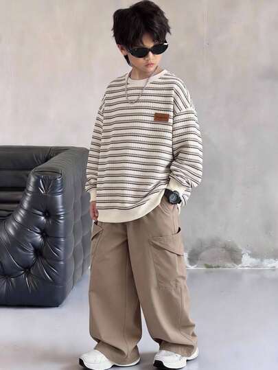 2pcs Kids Tween Boy Casual Comfortable Crew Neck Pullover Loose Striped Sweatshirt With Pocket And Khaki Straight Leg Pants Set, Suitable For Fall/Winter, School, Family Gathering, Back To School, Sports, FallOutfit, WinterOutfit, Birthday Party