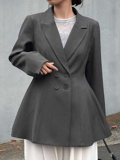 FRIFUL Women's Casual Commute Solid Color Double-Breasted Blazer