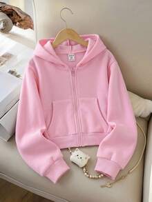 SHEIN Sudadera corta con cremallera para niña preadolescente, estilo callejero casual minimalista y cómodo para uso diario, prenda de abrigo de otoño, vuelta al cole - Rosado Sandía - Ver 5