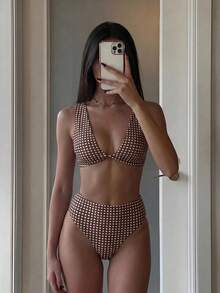 SHEIN SunnyBelle Women's 2 Pieces Summer Beach Brown Plaid Print Wide Strap Top & Bikini Bottom Swimwear Set - Brown - View 5