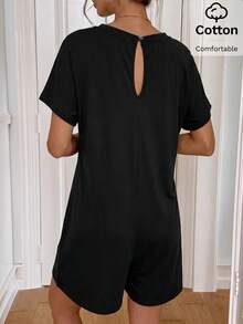 Easowa Women's Solid Color V-Neck Short Sleeve Pocket Casual Basic Modest Romper Travel Black Summer Cotton Is Comfortable Everyday Travel Real Pocket - Black - View 6