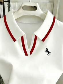Franclia 女款白色大尺碼條紋袖 Polo 短袖 T 恤，馬刺繡，春夏學院風休閒日常逛街度假寬鬆上衣 - 彩色 - 查看 3