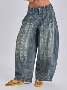 ACID BLVD Colossus Jeans 休閒街頭風復古水洗褪色字母紋理寬鬆牛仔長褲，適合夏季、秋季、冬季 - 深色水洗藍 - 查看 7