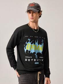 Strevion Men's Casual Batman Blue Flame Print Graphic Crew Neck Long Sleeve Sweatshirt, Spring/Autumn - Black - View 5