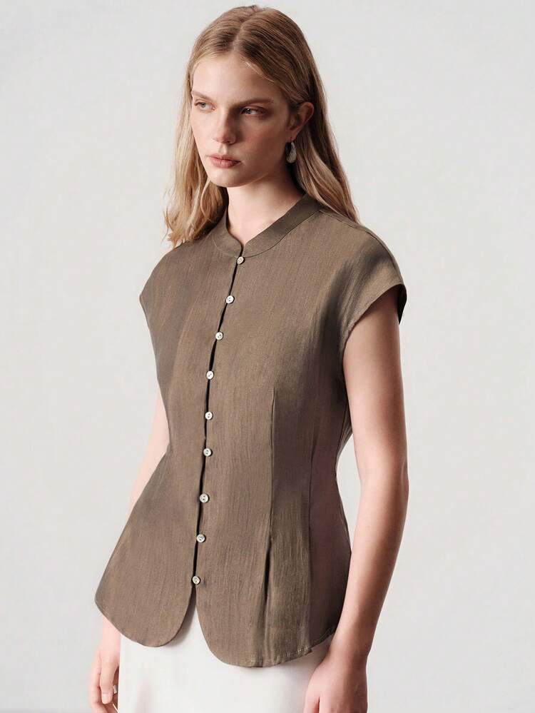 Aveloria Modichic Commuter Versatile Glossy Sleeveless Stand Collar Single-Breasted Waist-Cinching Flared Hem Slim Fit Elegant Solid Color Blouse - Coffee Brown - View 6