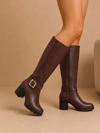 Botas de temporada con fajo y tacón grueso cómodo para mujer