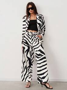 Aveloria Modichic Women's Zebra Print Large Gold Buckle Wide Belt Long Sleeve Blazer Loose Zebra Print Suit Pants Suit Set - White - View 8