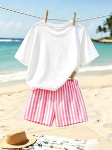 Tween Girl Pink And White Summer Casual Vacation Holiday Fashionable Floral & Vertical Striped Graphic Letter Print T-Shirt And Shorts Set - Multicolor - View 2