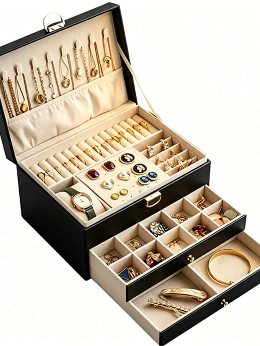 1pc Pu Leather Belt Lock 3-Layer Jewelry Box, Jewelry Ring Box, Earring, Necklace Studs, Jewelry Display Case, Transparent Ring Box, Bead Storage Case, Vintage Gift, Travel Jewelry Storage Case, Portable Jewelry Storage Case, Valentine'S Day Gift - Multicolor - View 1