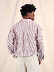 SUMWON Cropped Fit Linen Feel Striped Resort Shirt With Camp Collar, Chest Pocket, And Logo Patch - Baby Pink - View 2