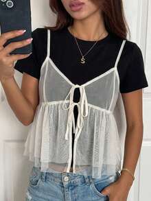 FRIFUL Women's Lace-Up Mesh Slim Fit Camisole Top, Tie-Front Ruched Hem, Summer - Beige - View 7