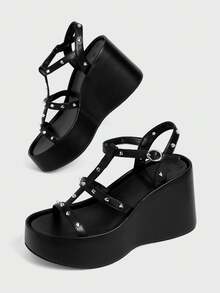Sugerpunk Women Shose Women's Fashion Platform Wedge Sandals, Spring And Autumn Summer Punk Style Buckle Middle Help Cross Rivet Inlaid Design Open-Toed Sandals, Nightclub Commuting Easy Travel - Black - View 5