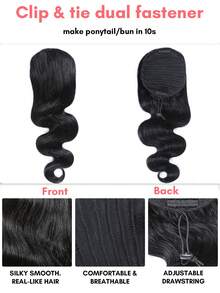 SMART&MATCH Extensión de cola de caballo con cordón ondulada y extensiones de cabello con clips sin costuras onduladas 1 pieza doble trama negro natural extensión de cola de caballo media recogida media suelta para uso diario - Natural Black - Ver 4