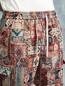 INCRYTM Men's Beige Summer Boho Vacation Geometric Pattern Jacquard Pants,American Vintage Slight-Flared Cut Raw Hem Textured Cargo Trousers,Y2K Streetwear - Khaki - View 3