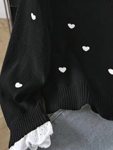 SHEIN Tween Girl Patchwork Embroidered Stand Collar Long Sleeve Heart Pattern Sweater - Black - View 9