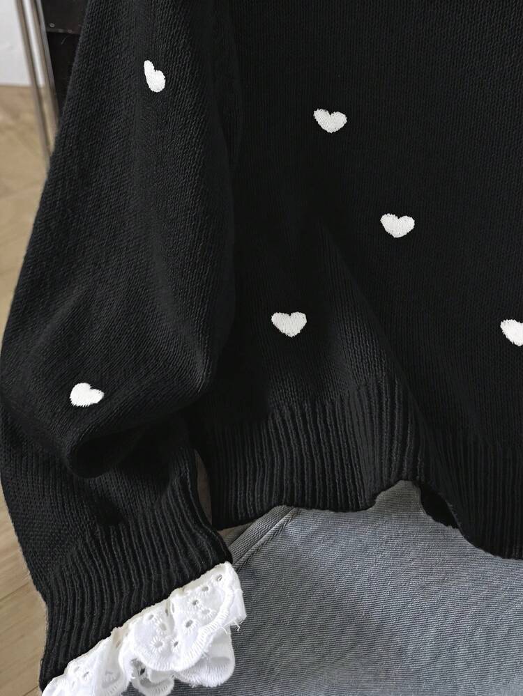 SHEIN Tween Girl Patchwork Embroidered Stand Collar Long Sleeve Heart Pattern Sweater - Black - View 9