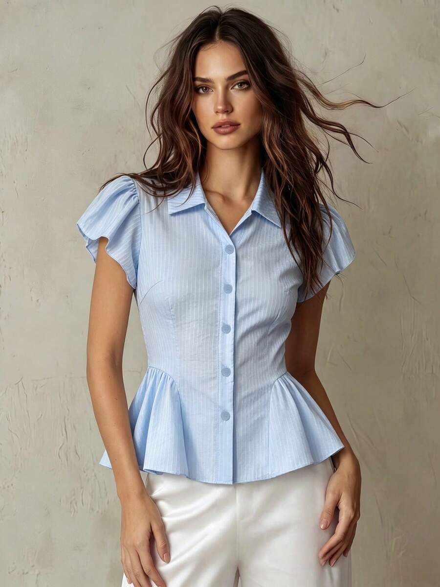 Franclia Women's Slim Fit Jacquard Cap Sleeve Office Shirt - Blue - View 1