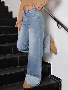 SHEIN Tall 女款寬腿寬鬆休閒百搭牛仔褲，附口袋 - 中等水洗藍 - 查看 7
