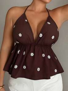 Dazy Plus Summer Vacation Style Floral Embroidered All-Over Print Spaghetti Strap Camisole Minimalist Sexy Casual Early Autumn Tank Top Going Out Tops - Brown - View 4