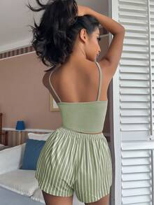 SHEIN Letter Graphic Cami Top & Striped Shorts PJ Set / Pajama Set Holiday Season - Green - View 2