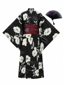 Irokai 日式傳統夏季女款兩件式和服浴衣 花卉印花（不含腰帶） - 黑色 - 查看 4