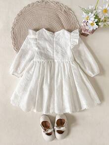 SHEIN LMoss Kids 女婴可爱优雅白色花卉刺绣荷叶边连衣裙 - 白色 - 查看 8