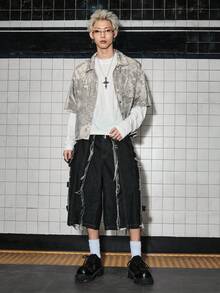 ROMWE MEN Street Life 男士解構毛邊口袋休閒牛仔短褲 - 黑色 - 查看 3