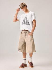 Strevion Harry Potter 男士简约哈利波特黑色三角形Logo印花圆领短袖T恤，夏季款 - 白色 - 查看 6