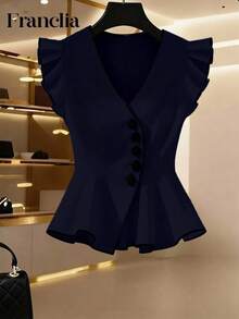 Franclia 女士优雅日常通勤简约纯色V领荷叶边袖口修身衬衫，夏季 - 藏蓝色 - 查看 4