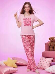 Notgurli Women's Cute Style Pink Leopard Print Pajamas Loungewear Set - Multicolor - View 3