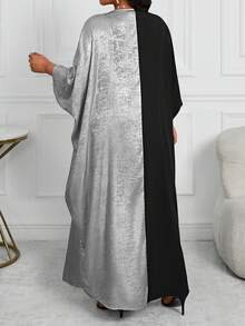 SHEIN Lady Plus Size Women Contrast Color V-Neck Batwing Long Sleeve Loose Casual Dress, Autumn/Winter Fall - Silver - View 2
