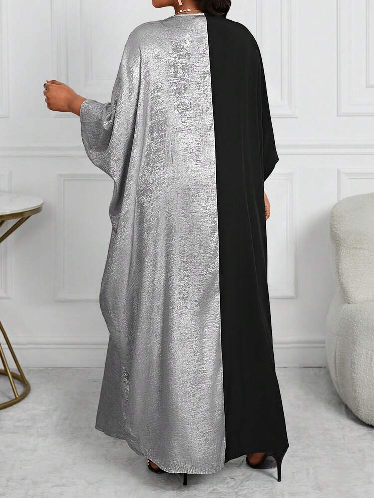 SHEIN Lady Plus Size Women Contrast Color V-Neck Batwing Long Sleeve Loose Casual Dress, Autumn/Winter Fall - Silver - View 2