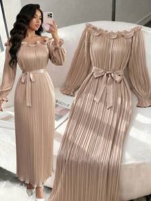 Modelyn Vestido largo elegante para mujer de color champán, con manga corta, manga larga, hombros descubiertos, ribete de volantes y plisado - Champán - Ver 6