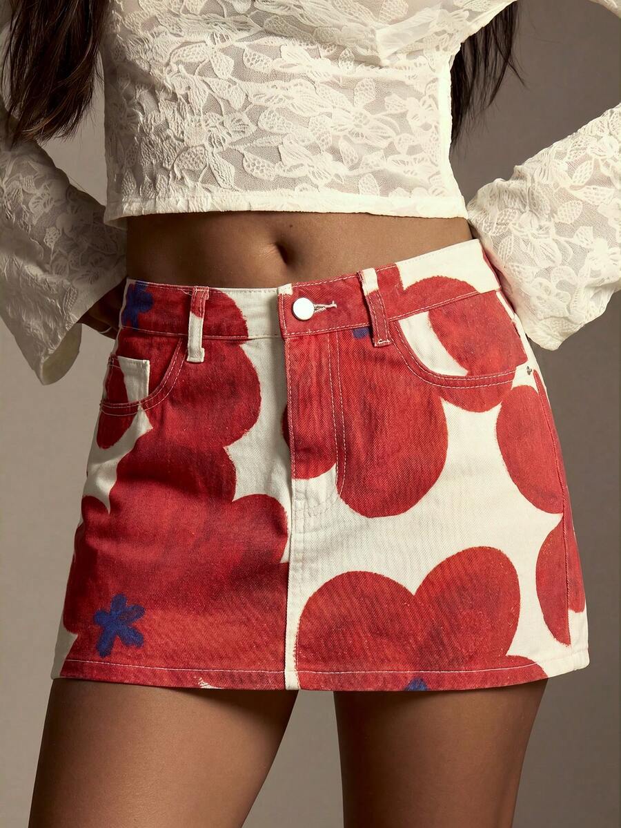 Athîral Denim Rok Mini Denim Seksi Wanita dengan Motif Bunga dan Kantong Kancing - Merah - View 1