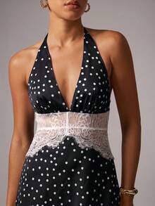 Avenya Summer Black And White Polka Dot Halter Tie Mini Dress, Deep V Backless Lace Patchwork Cinched Waist A-Line Short Sexy Party Vacation Night Out Outfit - Multicolor - View 4