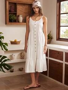 Lullawish Gaun Cami Berbahan Katun Campuran Longgar dan Nyaman Gaya Bohemian untuk Wanita, Pakaian Santai - Putih - View 5
