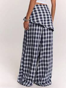 SHEIN BAE Women's Casual Daily Wear Versatile Brown Plaid Scarf-Style Loose Wide Leg Long Pants/Plaid Long Pants/Casual Long Pants/Wide Leg Long Pants/Work Long Pants/Outing Long Pants/Airport Long Pants/Vintage Long Pants - Navy Blue - View 2