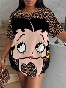 Betty Boop x SHEIN 大尺碼圓領豹紋卡通圖案休閒日常夏季T恤 - 白色 - 查看 7