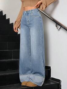 SHEIN Tall 女款寬腿寬鬆休閒百搭牛仔褲，附口袋 - 中等水洗藍 - 查看 5