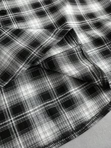 ROMWE MEN Men's Printed Plaid Loose Long Sleeve Shirt - Black and White - View 8