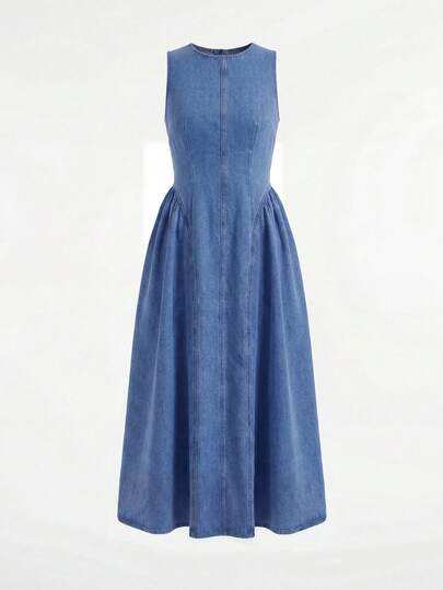SHEIN MOD Women's Fashion Versatile Round Neck Pleated Denim Dress