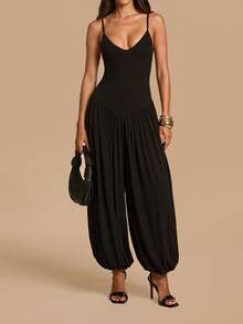 SHEIN BAE Spring/Summer Solid Black Halter Neck Backless Slim Fit Lantern Leg Jumpsuit For Women Night Out Club Sexy - Black - View 3
